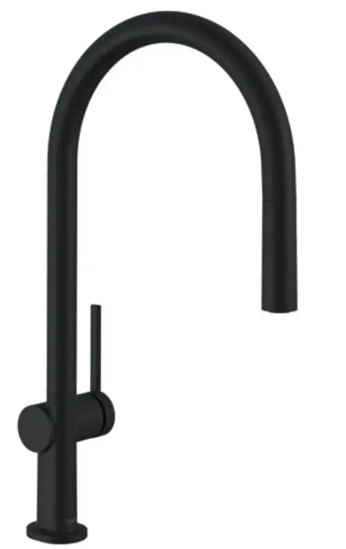 Schwarzer Küchenarmatur mit hohem Auslauf und seitlichem Hebel, hergestellt von Hansgrohe. Der Auslauf kann ausgezogen werden für flexible Nutzung.